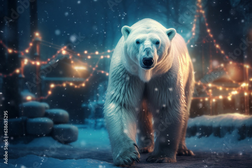 Polar bear in snowy forest. Christmas and New Year background