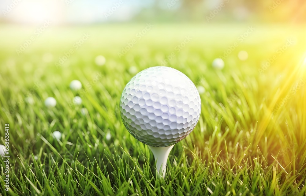 White golf ball on a green field, blurred background with copy space. Playing golf in the bright daytime. Sports. Green lawn with fresh grass outdoors. White golf ball on a green field, blurred background with copy space. Playing golf in the bright daytime. Sports. Green lawn with fresh grass outdoors.