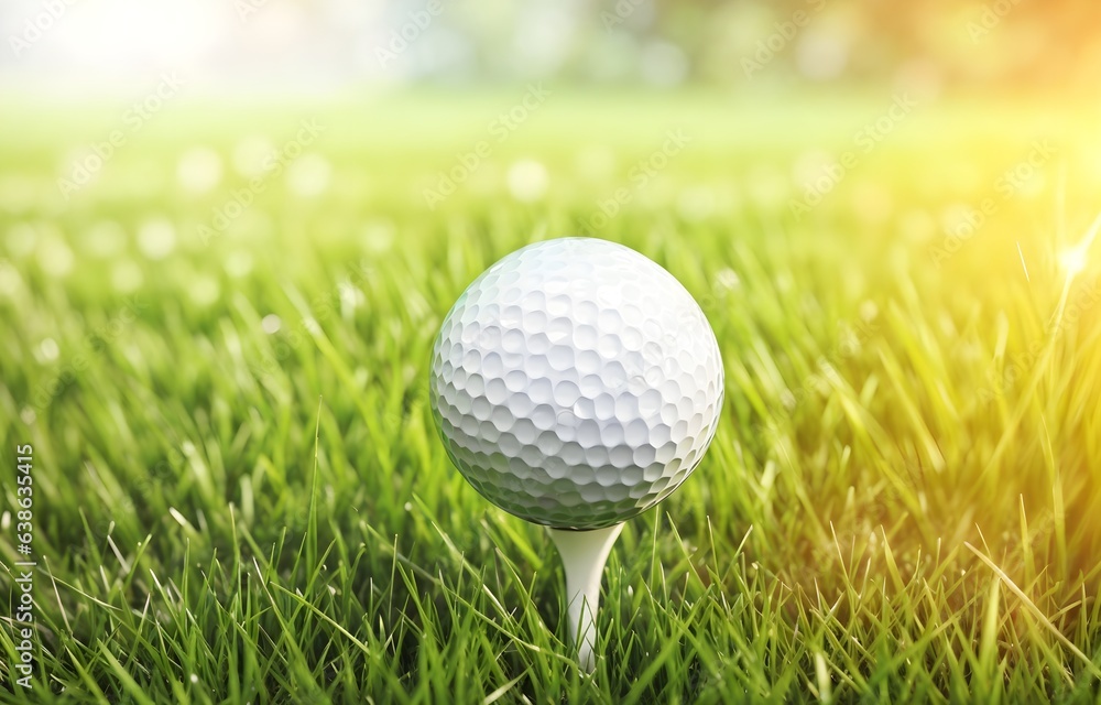 White golf ball on a green field, blurred background with copy space. Playing golf in the bright daytime. Sports. Green lawn with fresh grass outdoors. White golf ball on a green field, blurred background with copy space. Playing golf in the bright daytime. Sports. Green lawn with fresh grass outdoors.