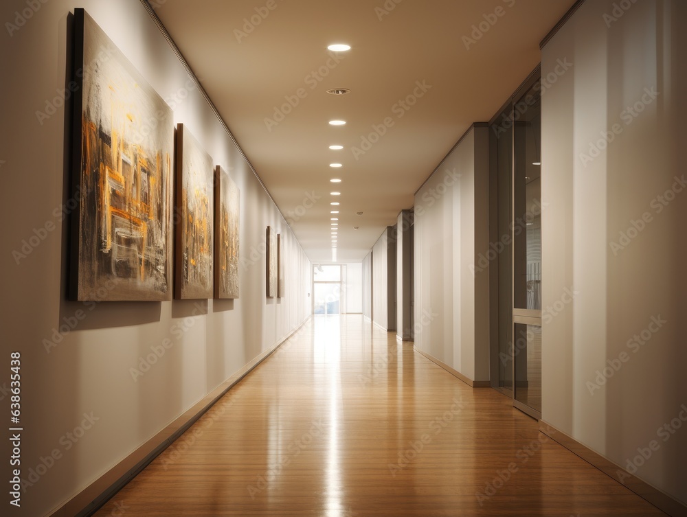 A long hallway with paintings on the wall. Generative AI. A long hallway with paintings on the wall. Generative AI.