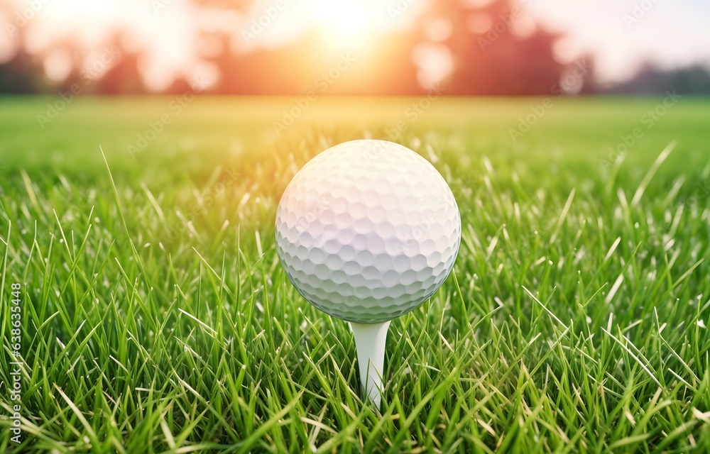 White golf ball on a green field, blurred background with copy space. Playing golf in the bright daytime. Sports. Green lawn with fresh grass outdoors. White golf ball on a green field, blurred background with copy space. Playing golf in the bright daytime. Sports. Green lawn with fresh grass outdoors.
