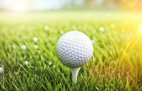 White golf ball on a green field, blurred background with copy space. Playing golf in the bright daytime. Sports. Green lawn with fresh grass outdoors.