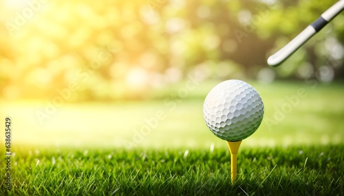 White golf ball on a green field, blurred background with copy space. Playing golf in the bright daytime. Sports. Green lawn with fresh grass outdoors.