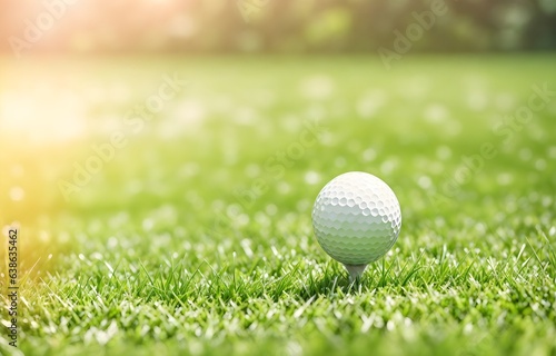 White golf ball on a green field, blurred background with copy space. Playing golf in the bright daytime. Sports. Green lawn with fresh grass outdoors.