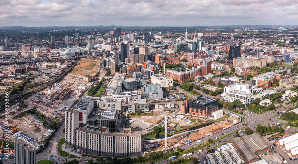 Aerial view of a Birmingham cityscape skyline with HS2 construction site
