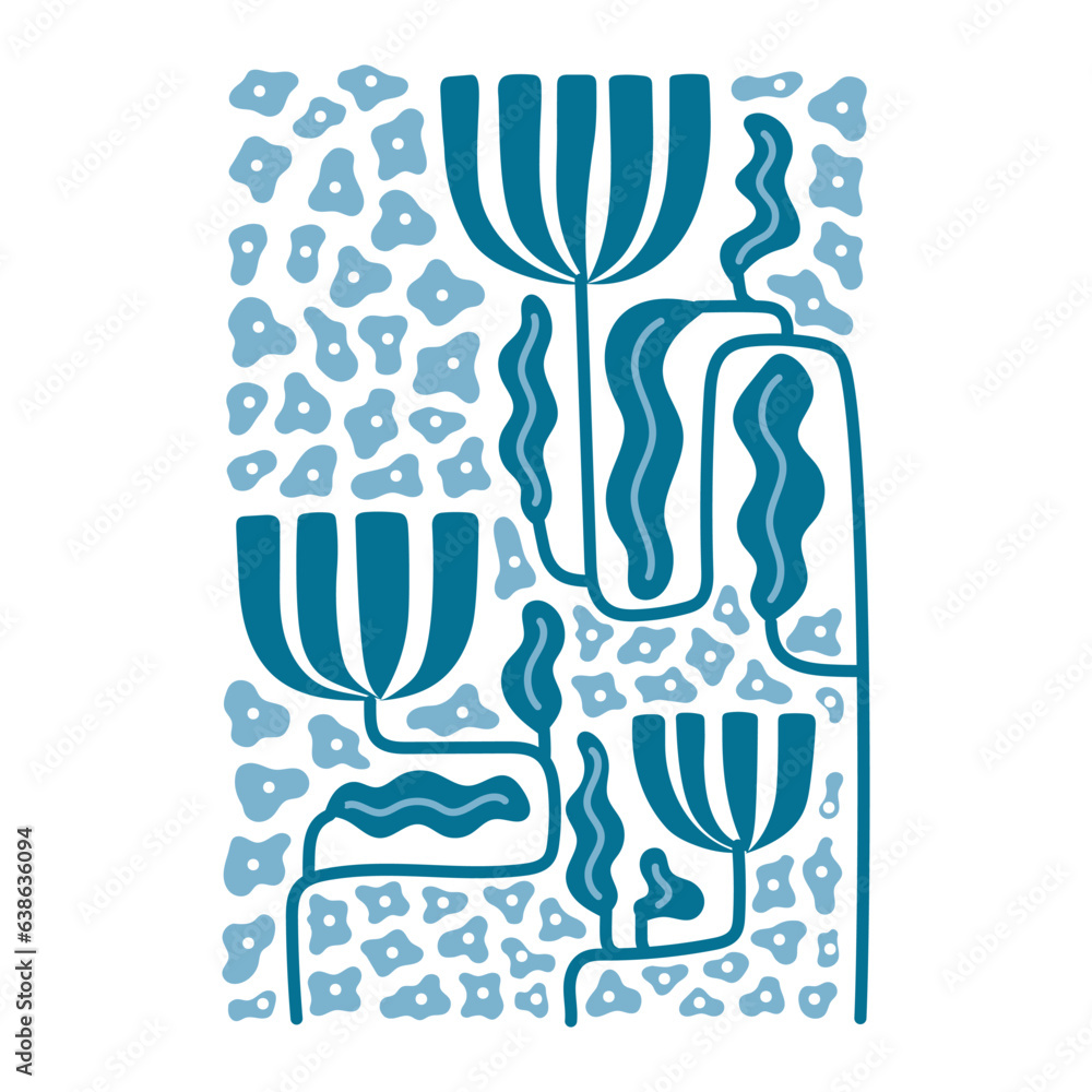 Matisse style blue flowers. Curvy stems, wavy leaves. Pattern of simple doodle floral silhouettes. Trendy flat style with hints of Art Deco and Art Nouveau. Vector illustration flat artwork