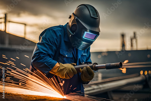 Male in face mask welds with argon arc welding.