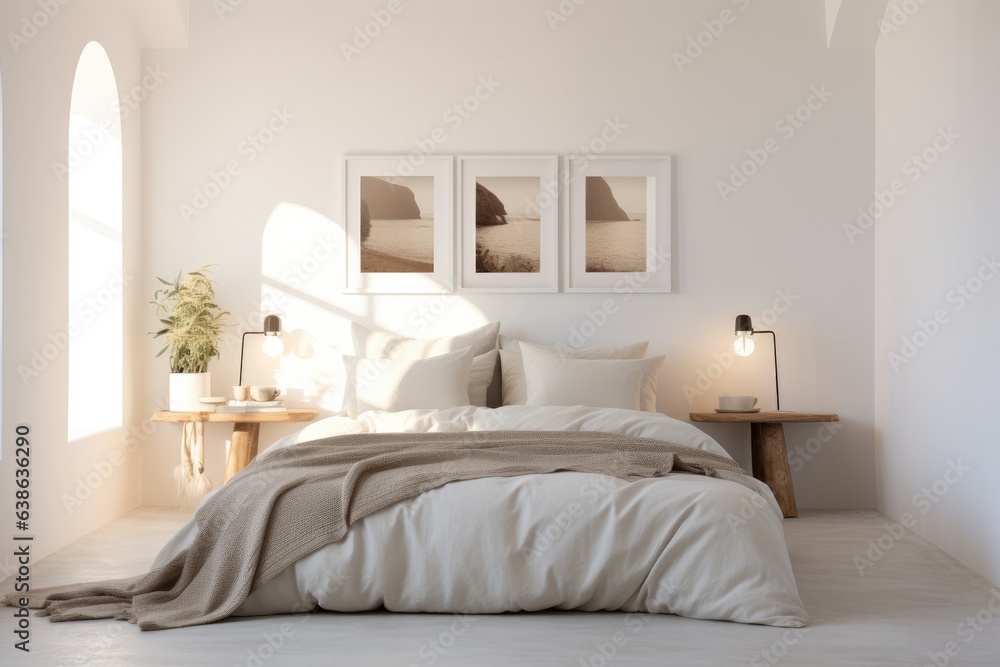 A bedroom with a bed, table, and pictures on the wall. Generative AI. A bedroom with a bed, table, and pictures on the wall. Generative AI.