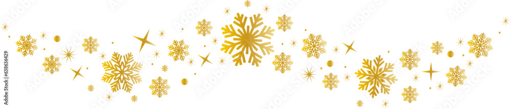 Snowflakes border in wave shape.Golden snowflakes with stars border.Golden snowflakes wave vector.Christmas decoration. Snowflakes border in wave shape.Golden snowflakes with stars border.Golden snowflakes wave vector.Christmas decoration.