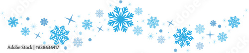 Snowflakes border in wave shape.Blue snowflakes with stars border.Blue snowflakes wave vector.Christmas decoration.