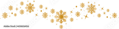 Snowflakes border in wave shape.Golden snowflakes with stars border.Golden snowflakes wave vector.Christmas decoration.