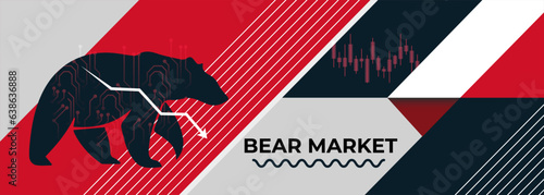 Bear market or bearish run trend in crypto currency or stocks. Trade exchange background, red down arrow graph, decrease in asset value. Cryptocurrency stock share price chart. Global economy crash.