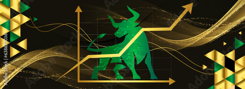 Bull market or bullish run trend in crypto currency or stocks. Trade exchange background, green up arrow graph for increase in asset value. Cryptocurrency stock share price chart. Golden economy boom.
