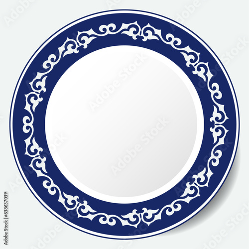 Round Frame, workpiece for your design. Ornamental elements and motifs of Kazakh, Kyrgyz, Uzbek, national Asian decor for plate, textile and print design. Circle frame. Vector. 