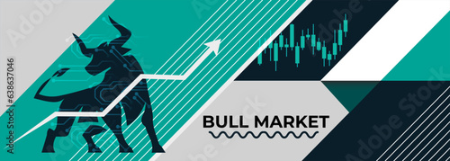 Bull market or bullish run trend in crypto currency or stocks. Trade exchange background, green up arrow graph for increase in asset value. Cryptocurrency stock share price chart. Global economy boom.
