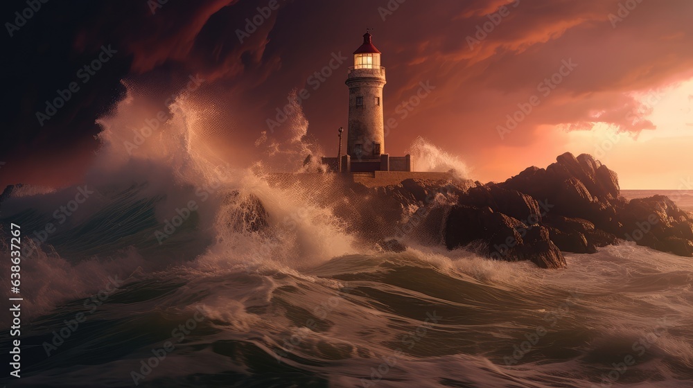 Lighthouse on rock. Storm at the sea. AI generated.