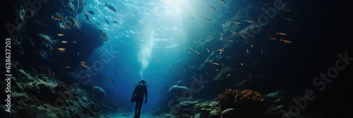 Obraz na plátně Scuba divers through tunnel under the ocean undersea.