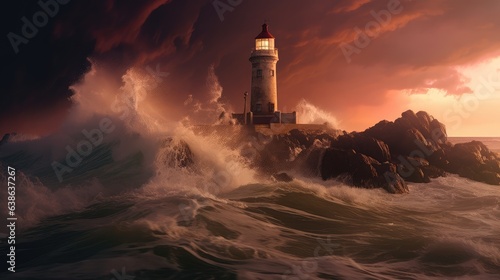 Lighthouse on rock. Storm at the sea. AI generated.