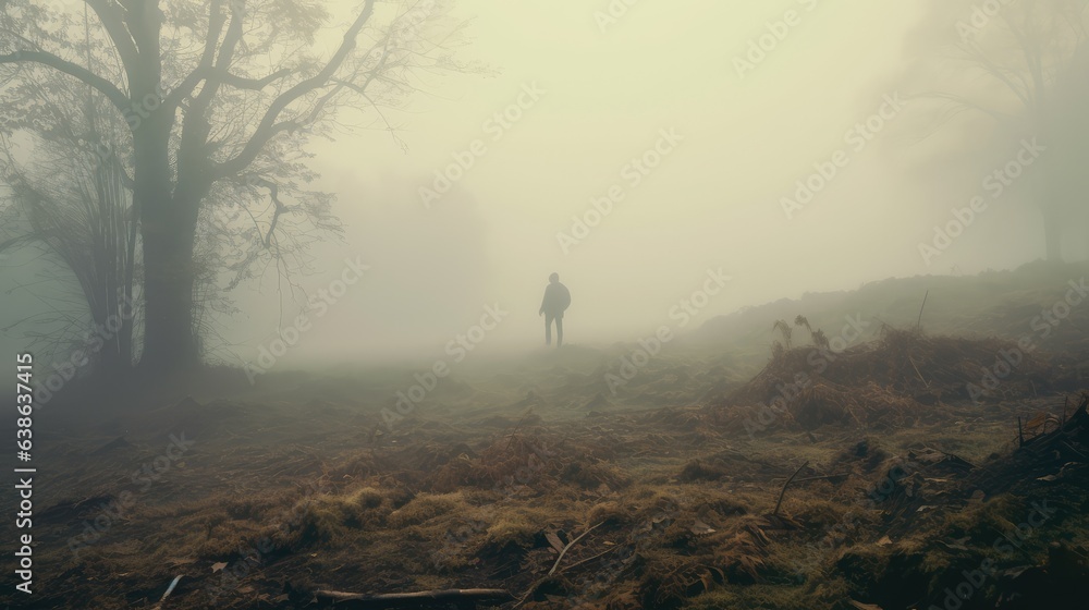 Beautiful misty landscape. Human silhouette. AI generated.