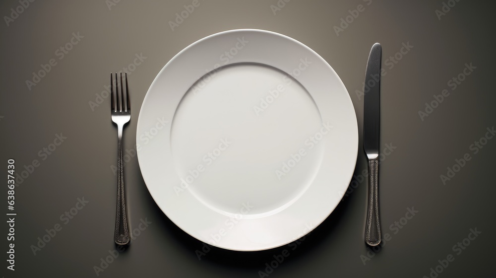 Plate fork and knife on grey background. AI generated. Plate fork and knife on grey background. AI generated.