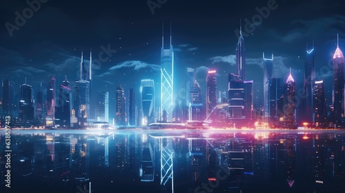 Futuristic night city with neon lights. AI generated.