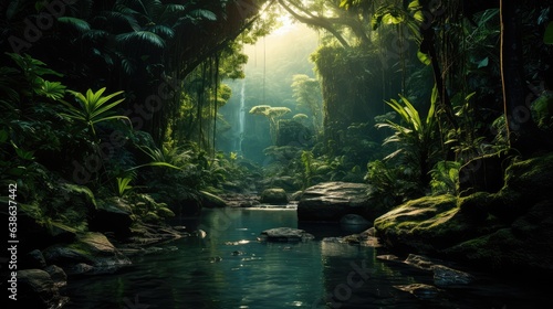 Scenic shot of wild rainforest. AI gneerated.