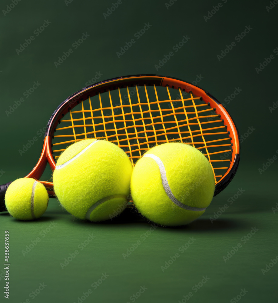 Tennis ball and racket on court.