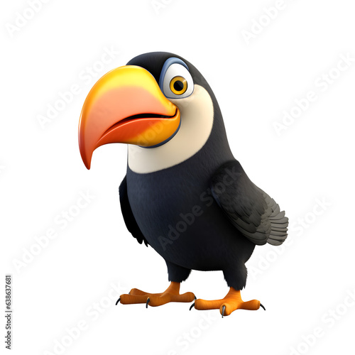 Cartoon toucan with orange beak and legs walking on white background