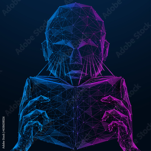 Artificial intelligence training. A cyborg reading a book. Polygonal design of interconnected lines and points. Blue background.