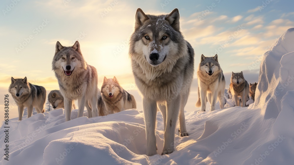 Group of wild grey wolves. AI generated.