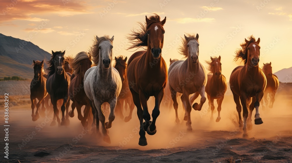 Fototapeta premium Horse herds run free in the desert. AI generated.