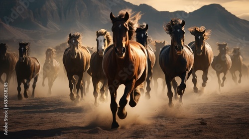 Wild horses gallop across the desert. AI generated. © Viktor