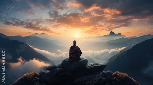 Monk in meditation on beautiful sunset background. AI generated. © Viktor