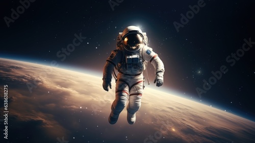 Astronaut in outer space on the horizon background. AI generated.
