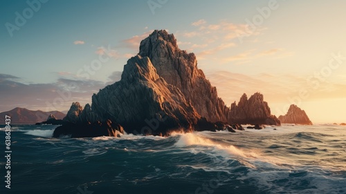 Rock in the middle of the sea on sunset background. AI gneerated.