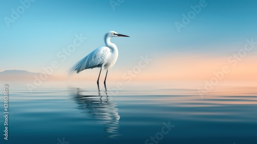 A white heron stands on shallow azure water. wildlife background in soft morning light. tranquility and tranquility.  © Margo_Alexa