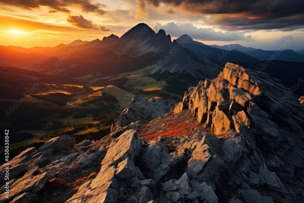 Sunset's Embrace of Slovak Rocky Grandeur: Panorama of Mountain Majesty
