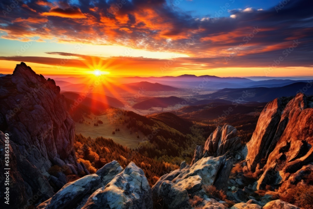 Epic Sunset Over Slovakia's Rocky Peaks: Captivating Panoramic Mountain View
