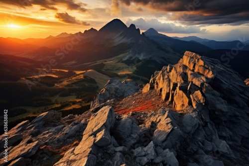 Sunset's Embrace of Slovak Rocky Grandeur: Panorama of Mountain Majesty 