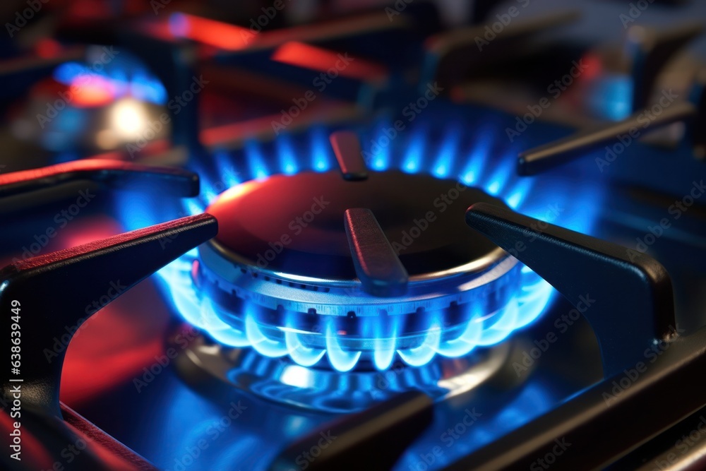 Burning gas burners for a gas stove with a blue flame close-up.stove with stainless steel with cast iron grate.Natural resources Burning gas burners for a gas stove with a blue flame close-up.stove with stainless steel with cast iron grate.Natural resources
