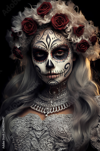 Beautiful Woman in Calavera Sugar Skull Makeup for Day of the Dead - Dia De Los Muertos - Generative AI