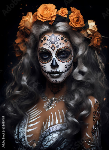 Beautiful Woman in Calavera Sugar Skull Makeup for Day of the Dead - Dia De Los Muertos - Generative AI © MrGeoff