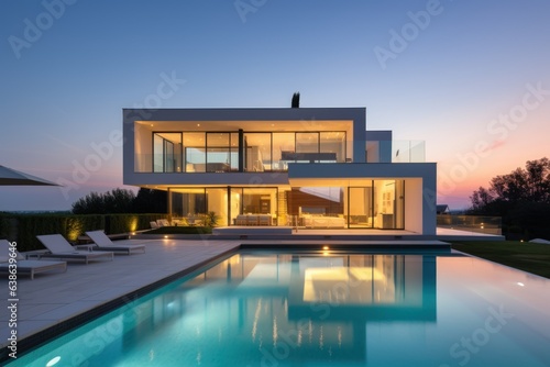 Architectural Zenith in Sunset's Embrace: Modern Cubic Villa's Exterior and its Tranquil Poolside at Dusk  © Lucija