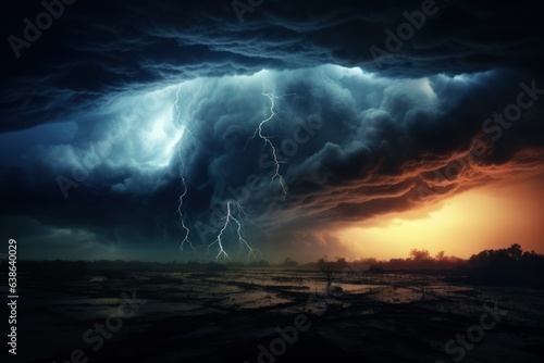 Weather's Wrath Revealed: A Vision of a Dramatic Tornado and Thunderstorm Lightning in the Night Sky 
