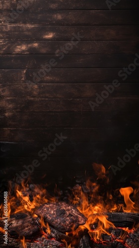 Woodfire grilled themed background in portrait mode with copy space - stock picture backdrop
