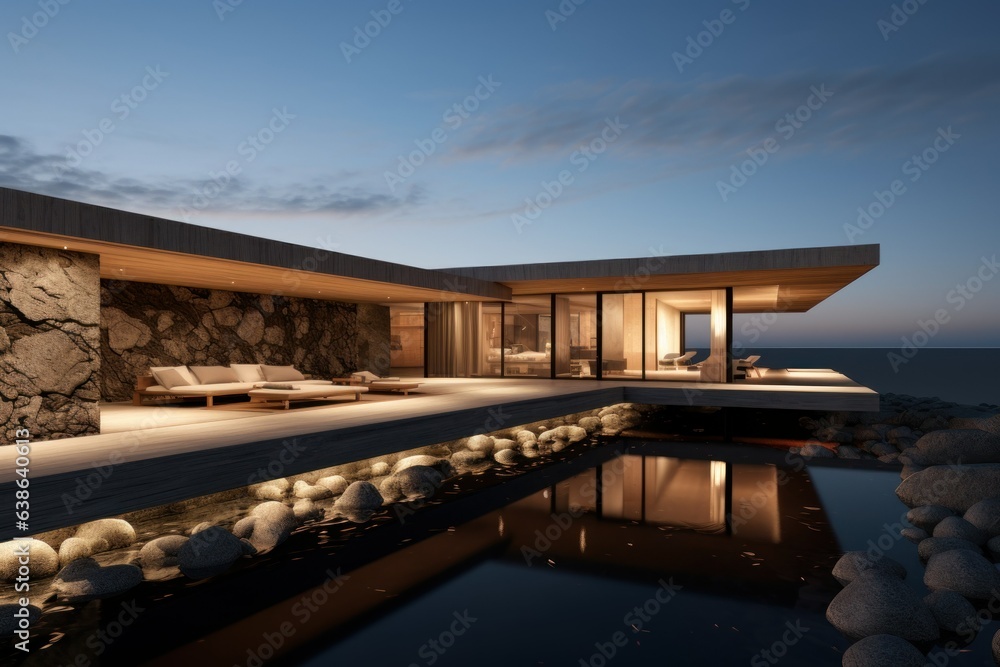 Contemporary Oasis in Twilight: Exterior View of a Minimalist Cubic Villa with a Reflective Swimming Pool at Sunset
