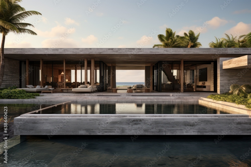 Architectural Elegance Embraced by Dusk: Modern Cubic Villa and Pool Radiating Minimalist Serenity at Sunset
