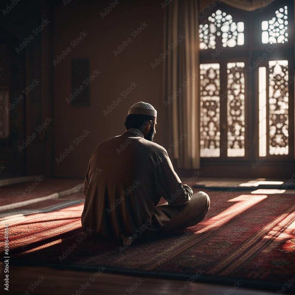 Muslim man sitting on prayer mat in mosque Muslim man sitting on prayer mat in mosque