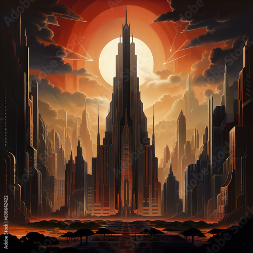 An emposing background with an enormous skycraper in front a large sun surrounded by skycrapers in the city, retro-vintage design like 1920's. photo