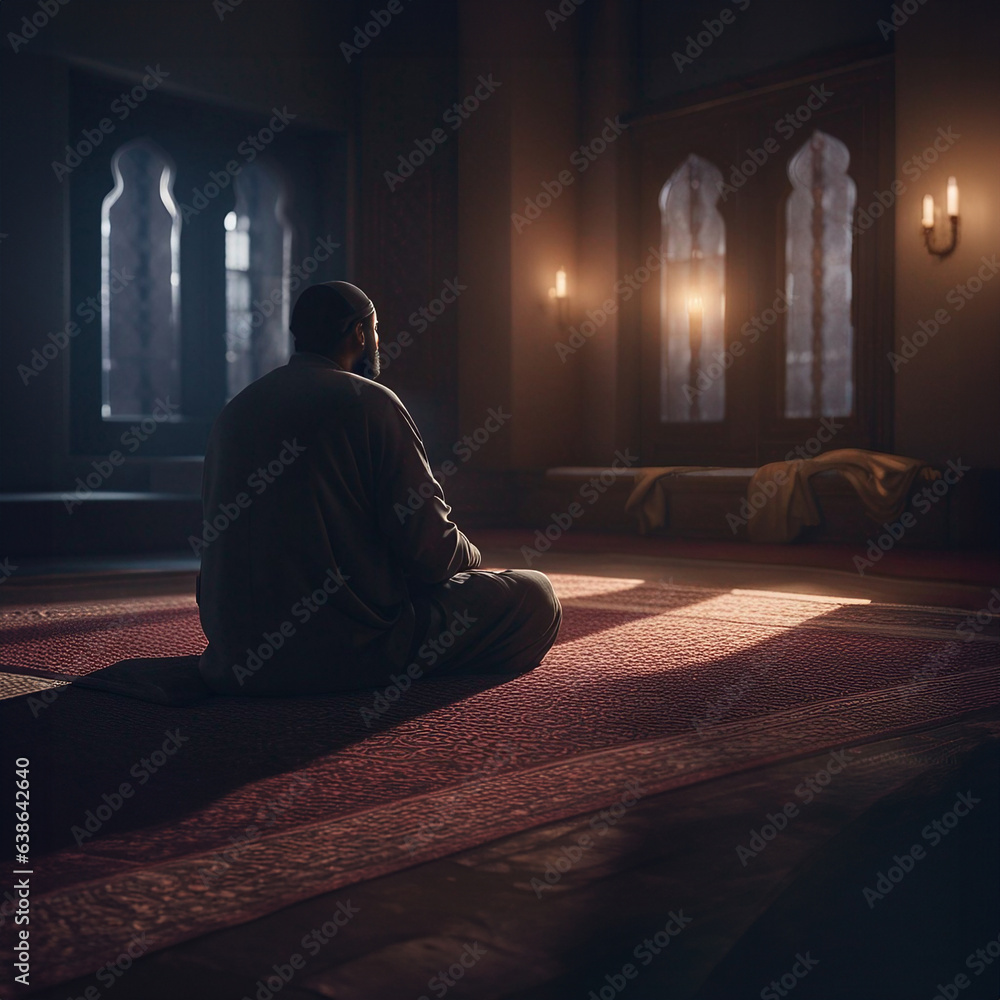 Muslim man sitting on prayer mat in mosque Muslim man sitting on prayer mat in mosque